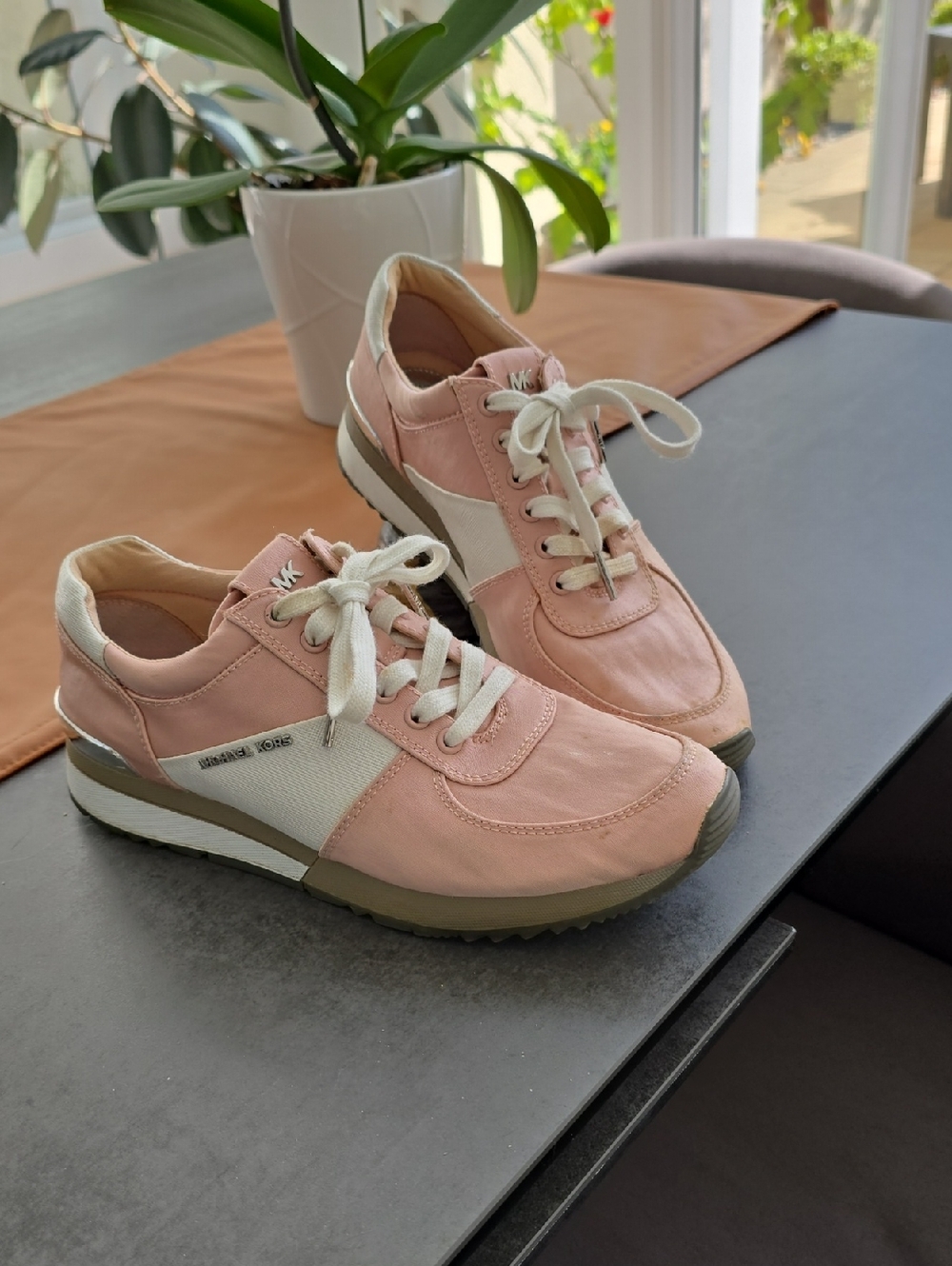 Michael Kors Pink and White Leather-Trim Runner Sneakers